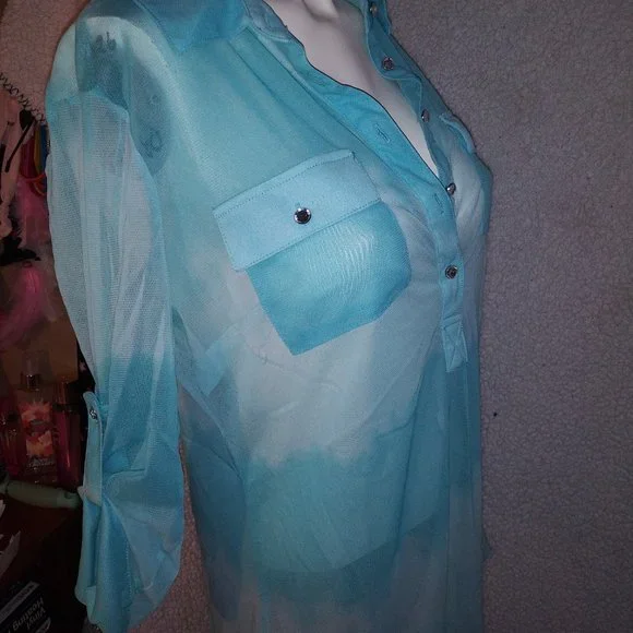 INC International Concepts Baby Blue Sheer Long Sleeve Blouse - Picture 6 of 10